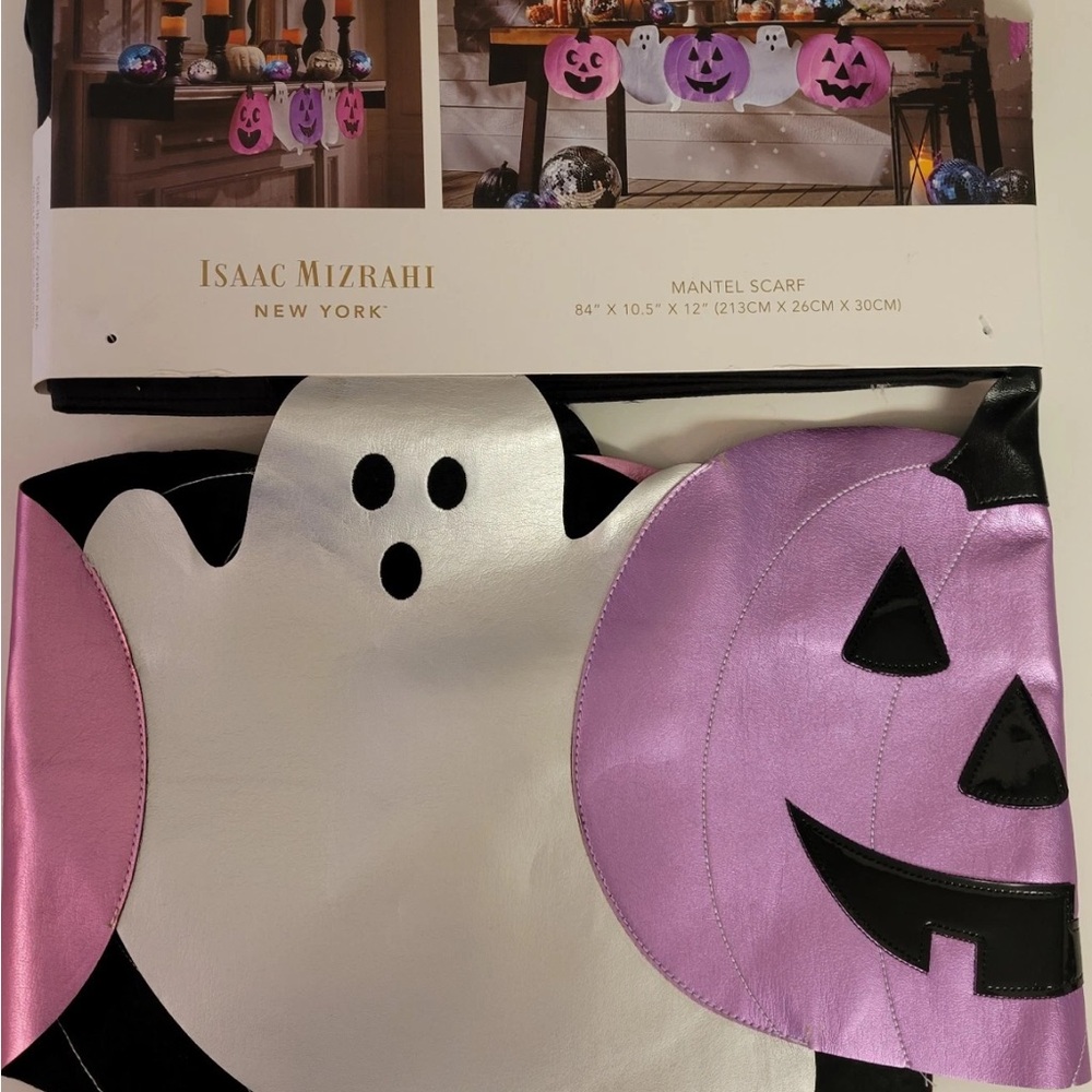 Isaac Mizrahi Halloween Mantel Scarf Jack O Lantern Ghosts Metallic Purple 84"